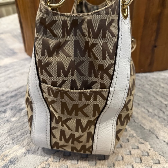 Michael Kors Handbag Leather Duffle Bag Fabric Coated Canvas BrownTanKhaki P - Picture 5 of 13